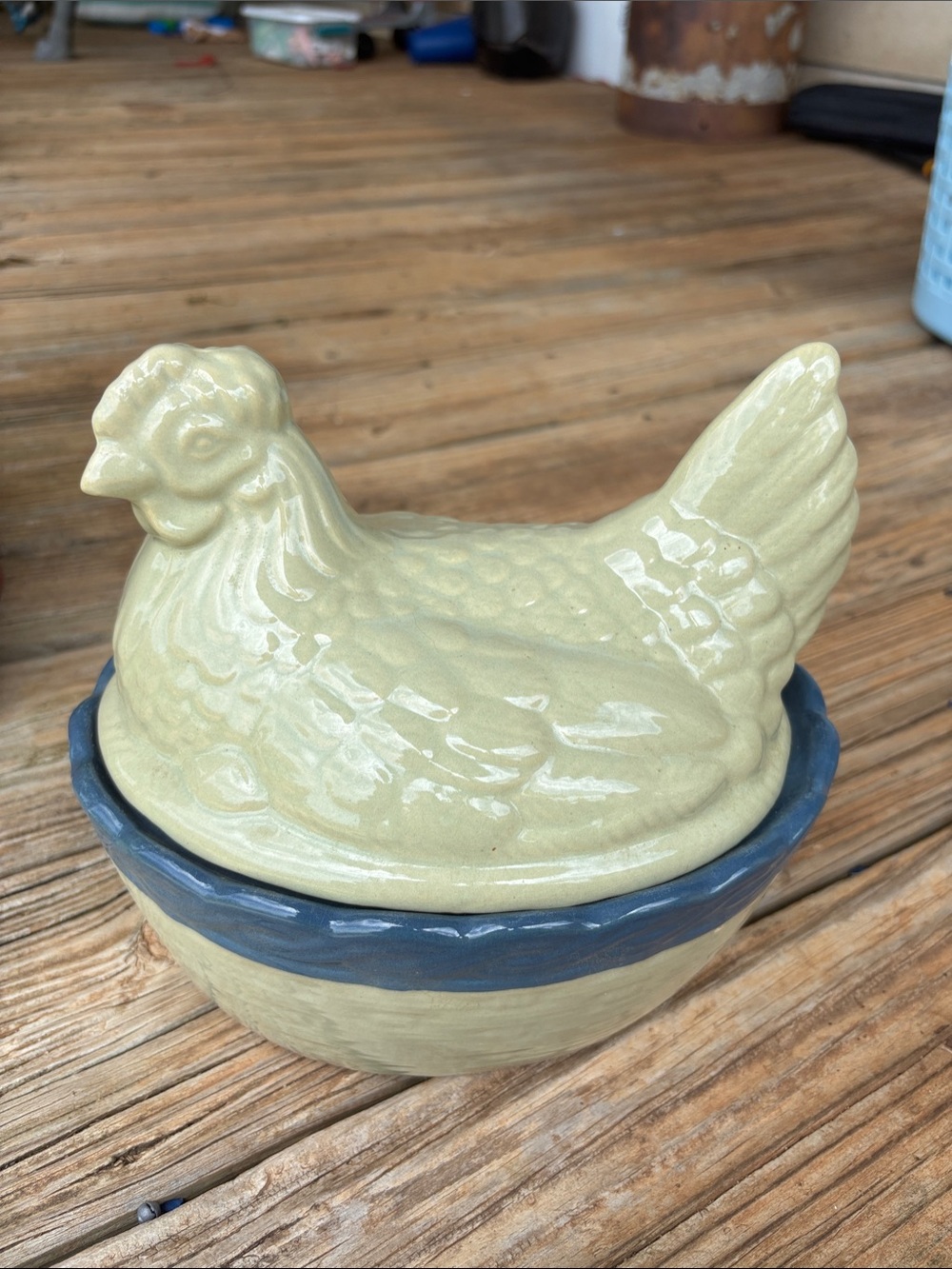 Ceramic Hen Covered Dish - Cream and Blue